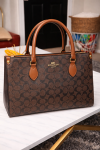 Coach Signature Satchel Handbag - Brown Monogram with Tan Leather