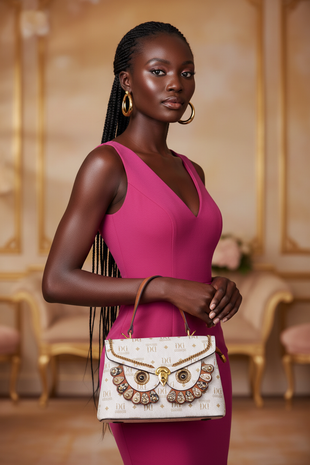 Fuchsia pink dress with white bag