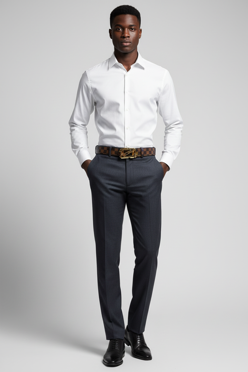 Designer Checkered Belt | Luxury Pattern Leather with Gold Statement Buckle