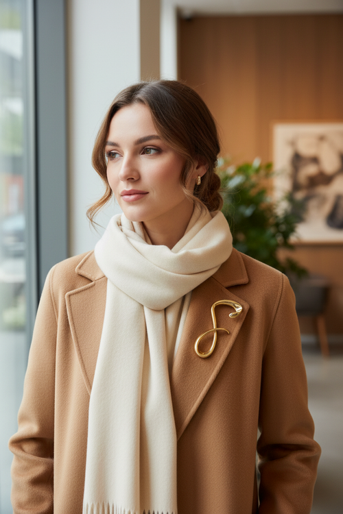 Gold brooch on cashmere scarf with coat