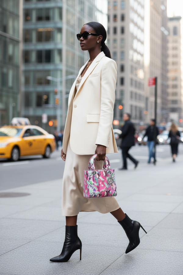 Confident Black woman carrying pink snakeskin designer bag in urban setting