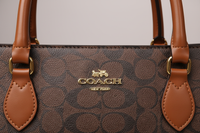 Close-up detail of Coach handbag leather and gold hardware craftsmanship