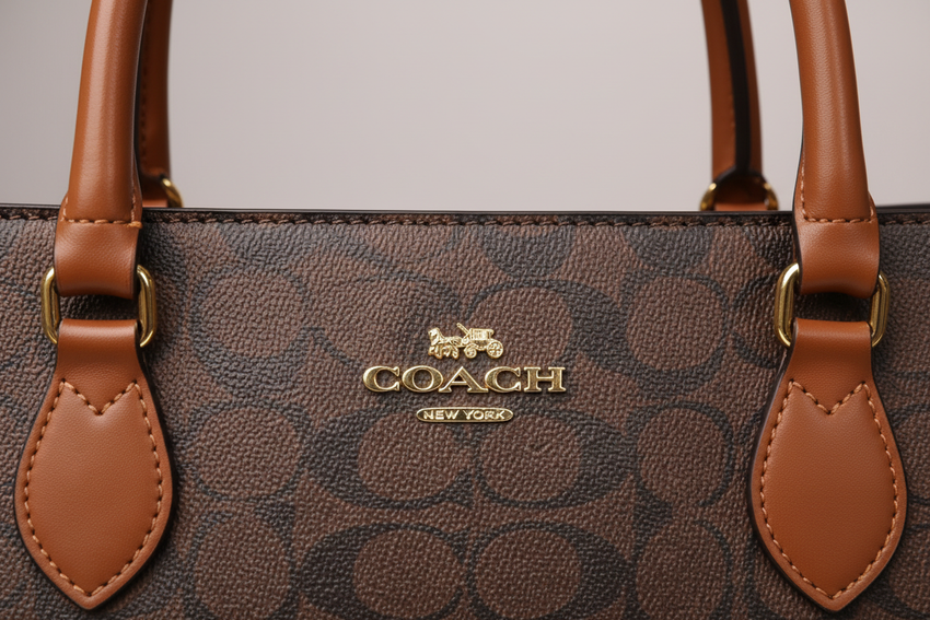 Close-up detail of Coach handbag leather and gold hardware craftsmanship