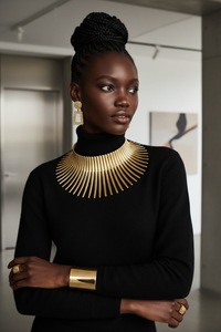 Model in black turtleneck with statement gold necklace