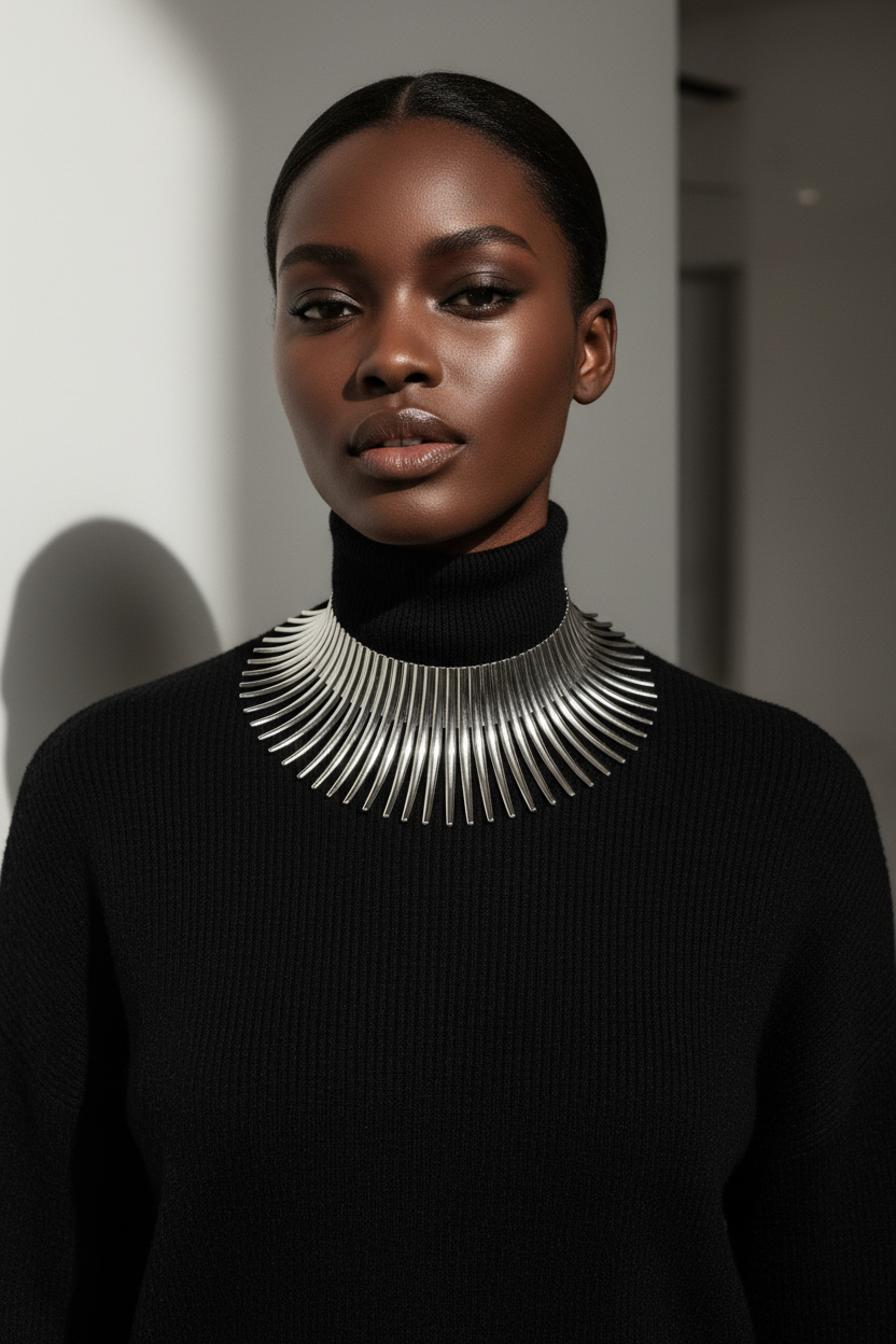 Model in black turtleneck with statement silver necklace