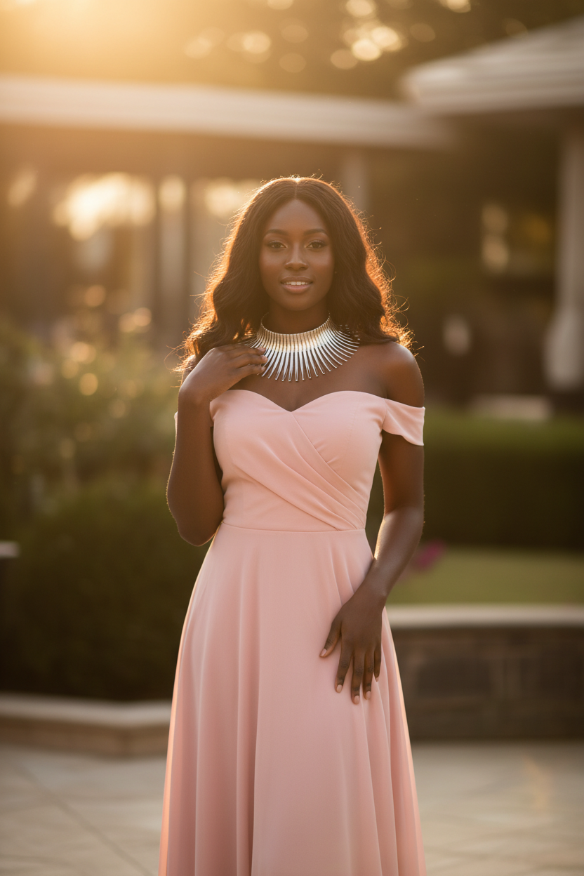 Model in blush pink dress with silver collar necklace