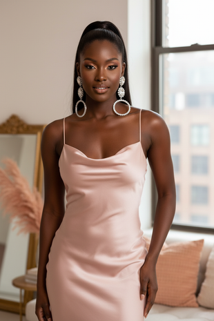 Model in blush pink slip dress with crystal chandelier earrings