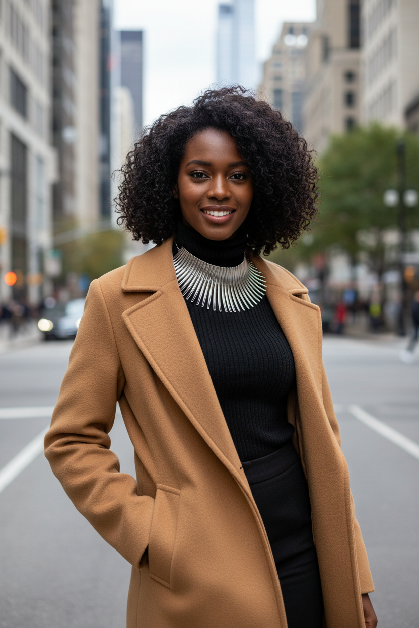 Model in camel coat with silver sunburst necklace