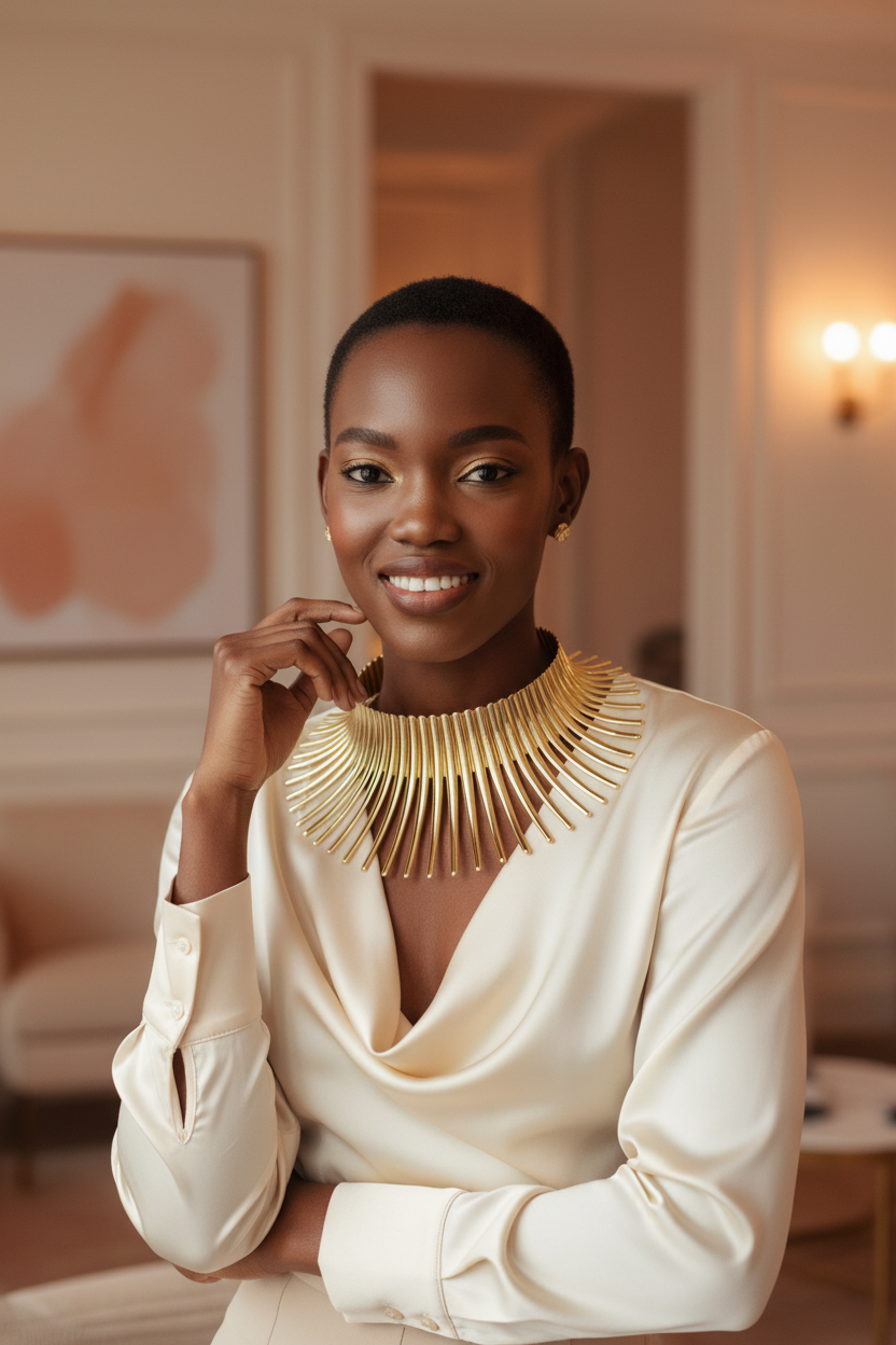 Model in cream silk blouse with dramatic gold necklace