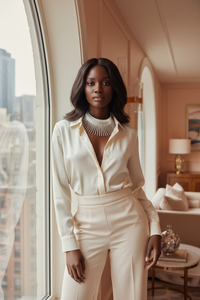 Model in cream silk blouse with dramatic silver necklace
