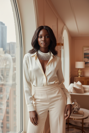 Model in cream silk blouse with dramatic silver necklace