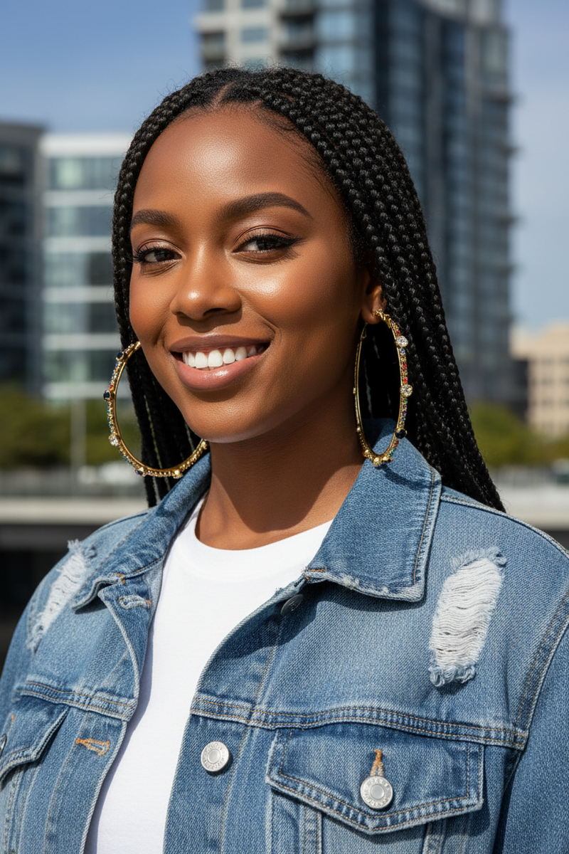 Model in denim jacket with multicolored crystal hoop earrings