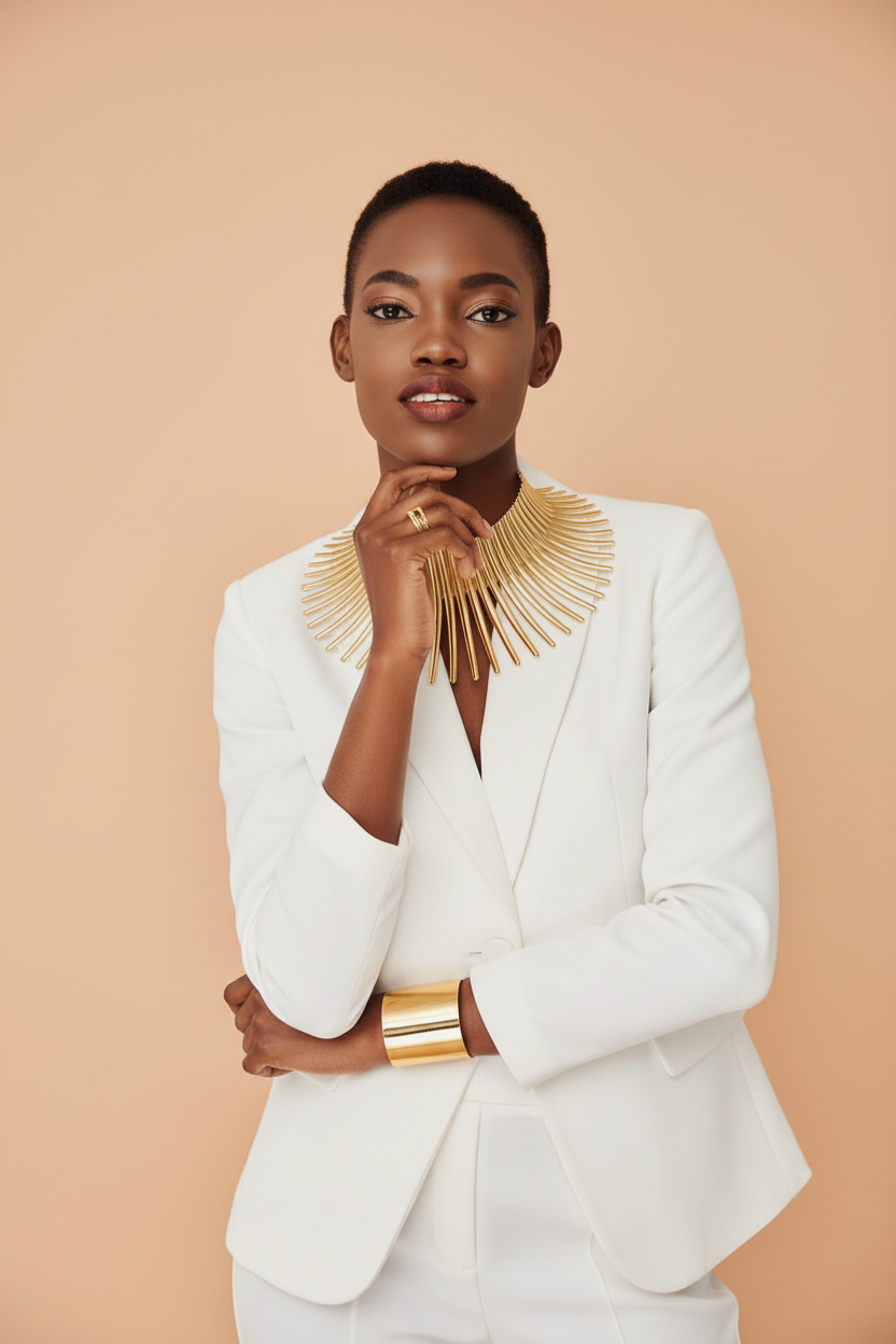 Model in white blazer with gold statement necklace