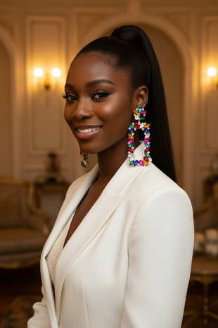 Model in white blazer with multicolored rainbow crystal earrings