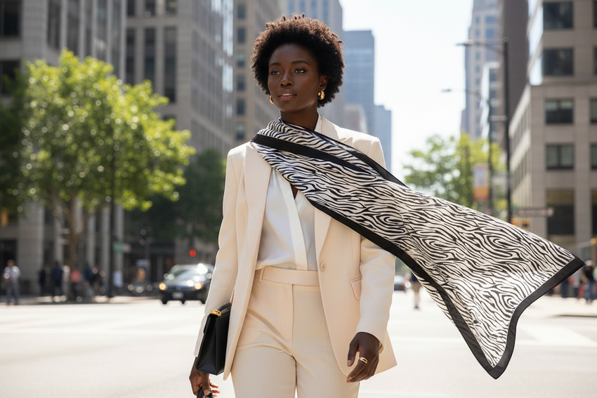 Model wearing scarf with blazer