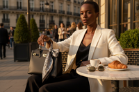 Model with scarf on handbag