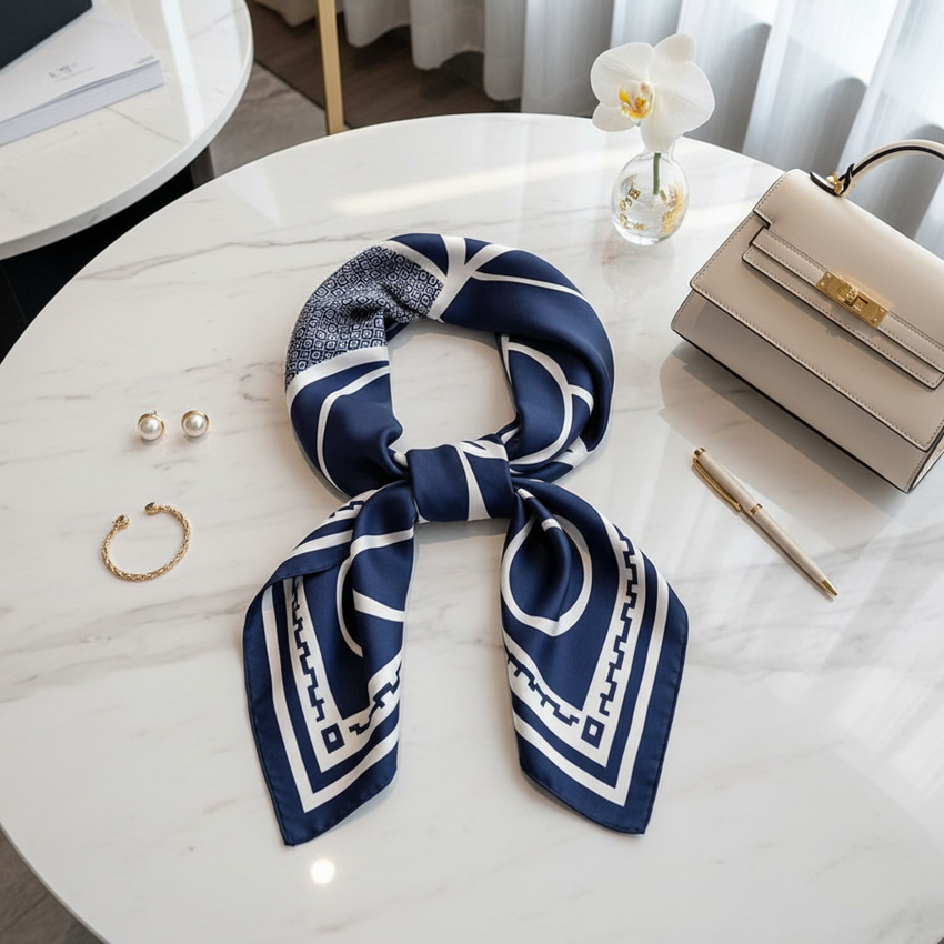 Navy scarf flat lay with accessories