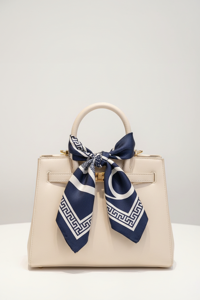 Navy scarf on luxury handbag