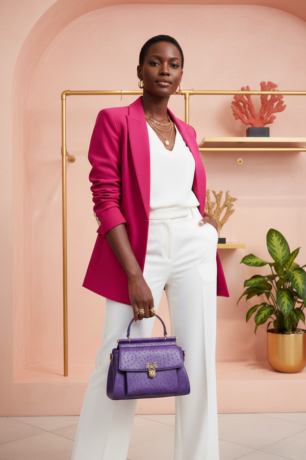 Purple handbag with fuchsia pink outfit