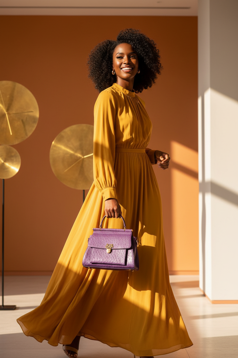 Purple handbag with mustard yellow outfit
