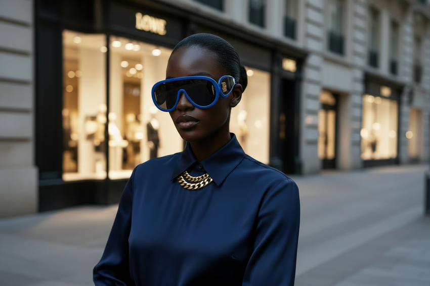 Royal Blue Shield Sunglasses — Exact Product Lifestyle