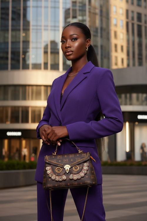 Royal purple blazer with brown bag