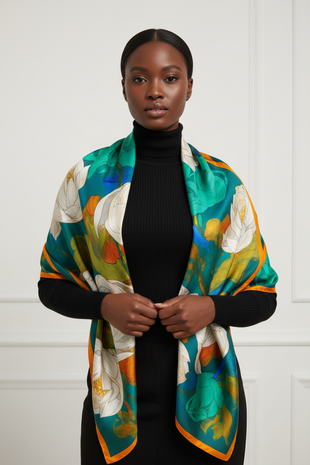 Loose Leaf Silk Art Scarf - Turquoise & Orange