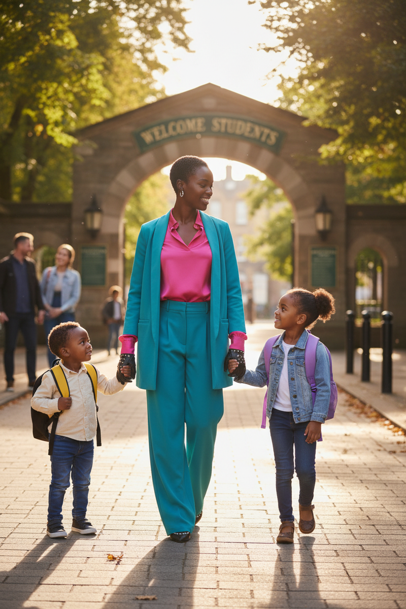 School drop-off in vibrant outfit