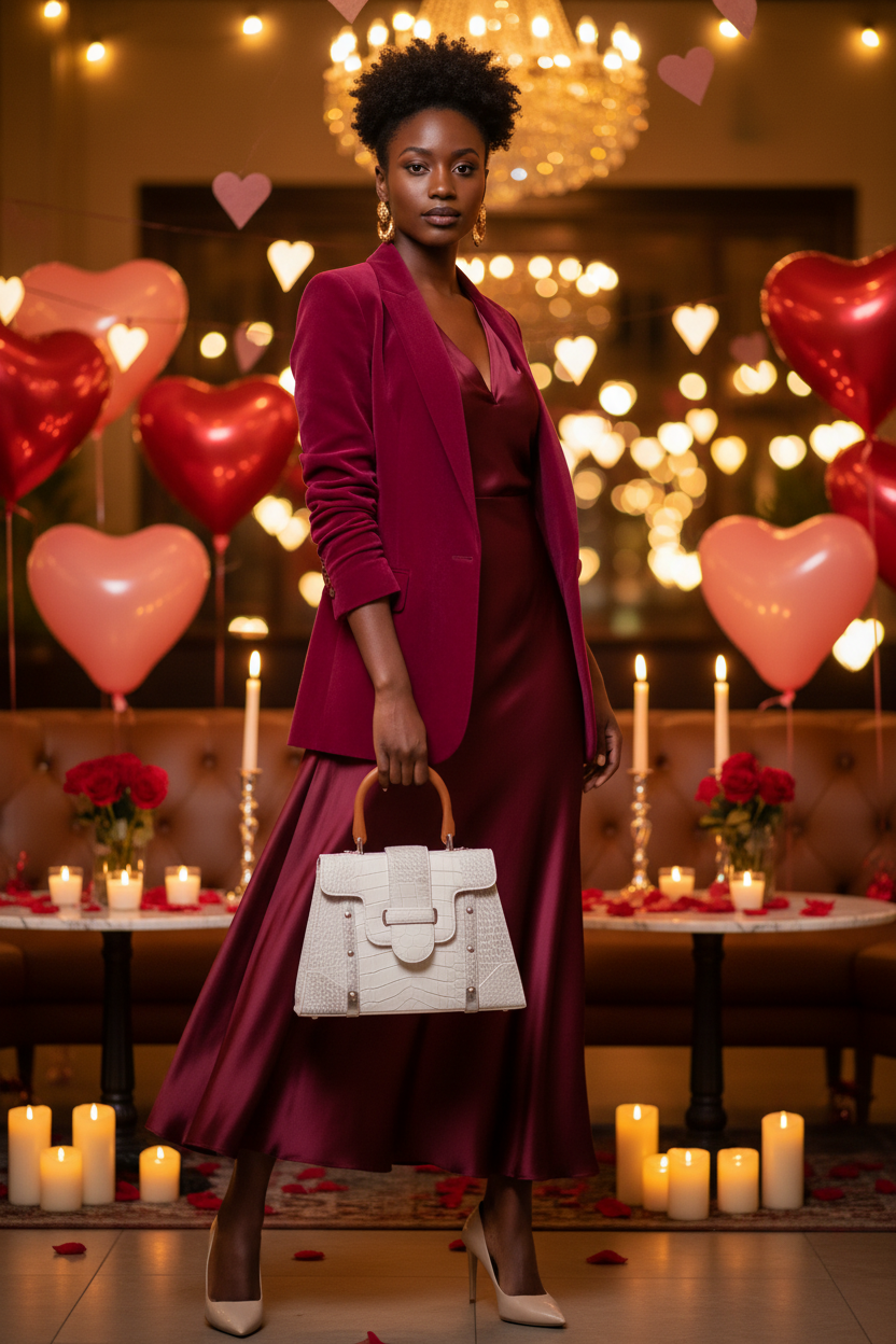 Valentine's Model in Colorful Outfit with Ivory Handbag