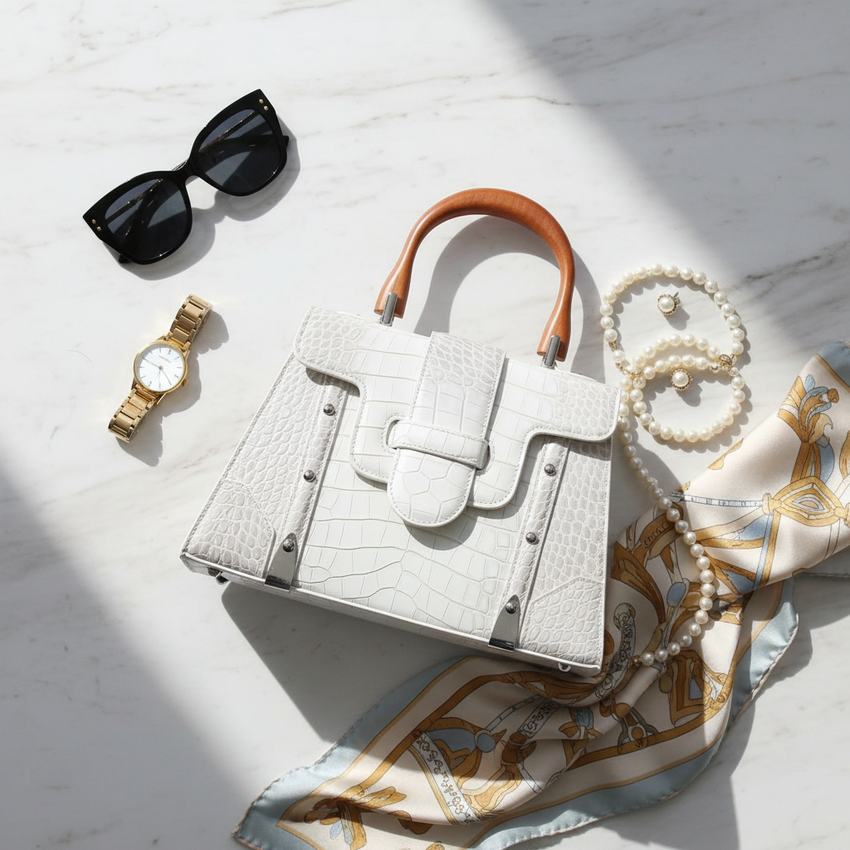 White croc handbag flat lay with accessories