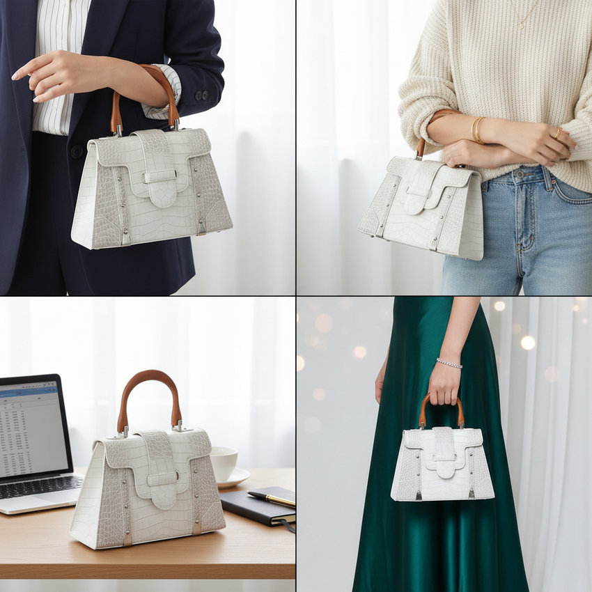 White croc handbag styled four different ways